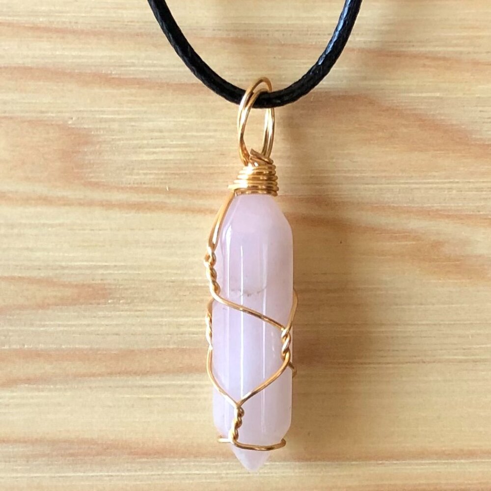 Rose Quartz Natural Gemstone Hexagonal Point Gold Wire Wrapped Pendant